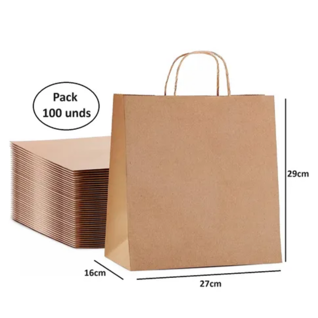 Bolsa Kraft 29x27x16cm con Manilla Pack 100 Unds