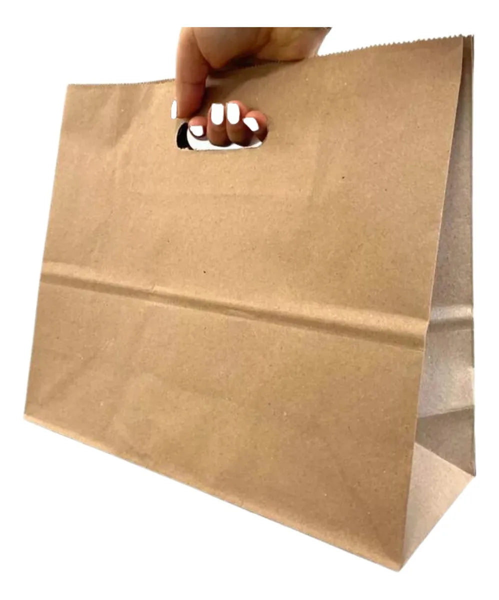 Bolsa Papel Kraft Troquelada 28x28x15 Cm pack 100 Unidades